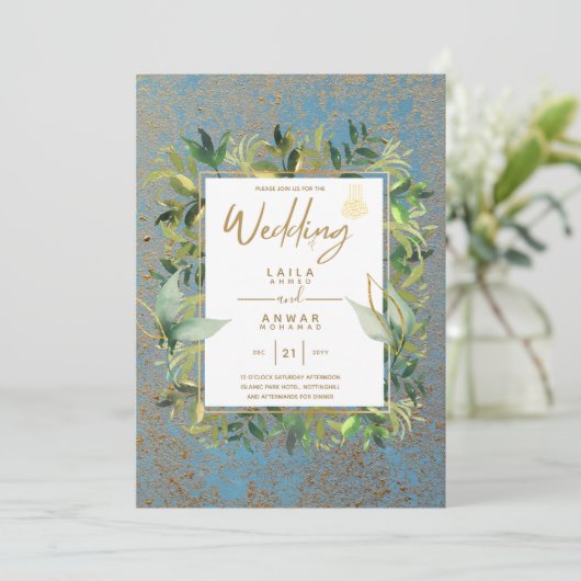 NIKAH - Blauwe Gouden Islamitische Trouwkaarten Kaart (Staand voorkant)