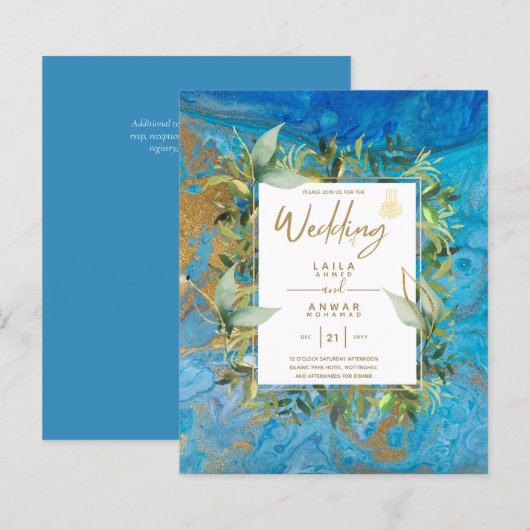NIKAH - Blue Gold Islamic Wedding Invitations (Voorkant / Achterkant)