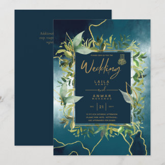NIKAH - Blue Gold Islamic Wedding Invitations Kaart