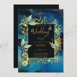 NIKAH - Blue Gold Islamic Wedding Invitations Kaart