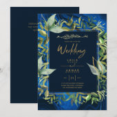 NIKAH - Blue Gold Islamic Wedding Invitations Kaart (Voorkant / Achterkant)
