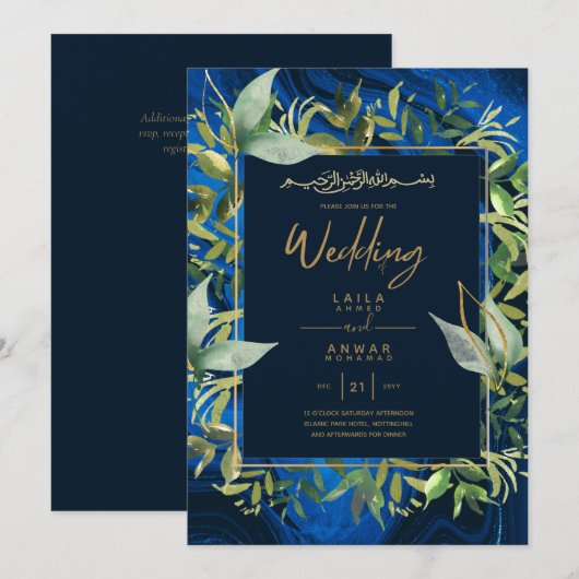 NIKAH - Blue Gold Islamic Wedding Invitations Kaart (Voorkant / Achterkant)