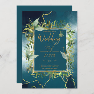 NIKAH - Blue Gold Islamic Wedding Invitations Kaart