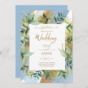 NIKAH - Blue Gold Islamic Wedding Invitations Kaart