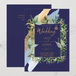 NIKAH - Blue Gold Islamic Wedding Invitations Kaart