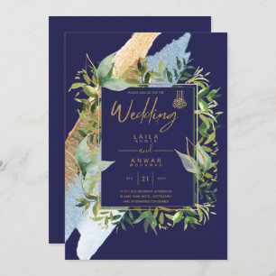 NIKAH - Blue Gold Islamic Wedding Invitations Kaart