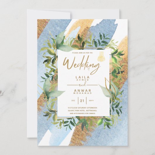 NIKAH - Blue Gold Islamic Wedding Invitations Kaart (Voorkant)