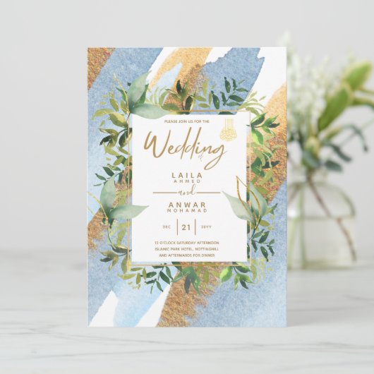 NIKAH - Blue Gold Islamic Wedding Invitations Kaart (Staand voorkant)