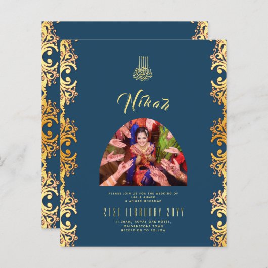 NIKAH Blue Gold PHOTO Wedding Invitation (Voorkant / Achterkant)