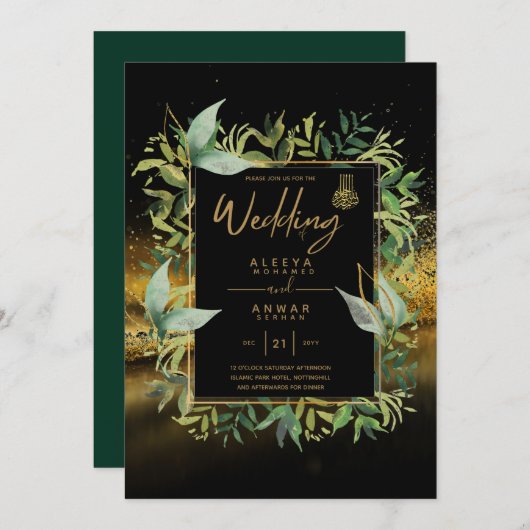 NIKAH - Emerald Green Gold ISLAMIC Wedding Invite Kaart (Voorkant / Achterkant)