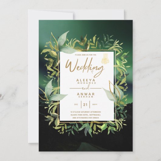 NIKAH - Emerald Green Gold ISLAMIC Wedding Invite Kaart (Voorkant)