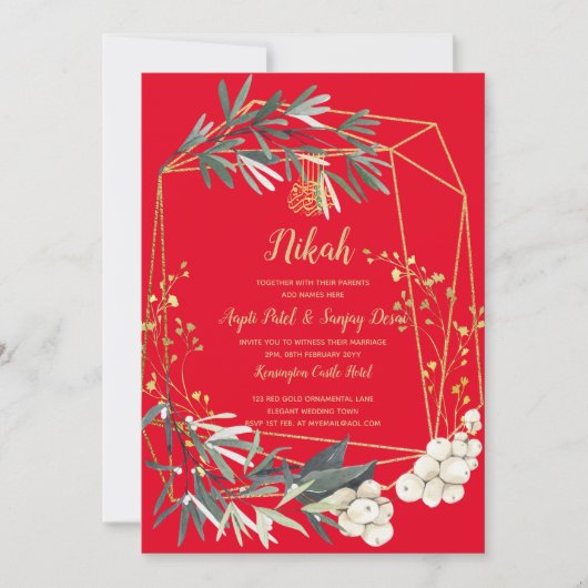 Nikah - Gold Greenery Islamic Motif Wedding Invite Kaart (Voorkant)