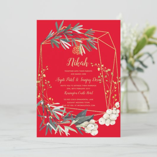 Nikah - Gold Greenery Islamic Motif Wedding Invite Kaart (Staand voorkant)