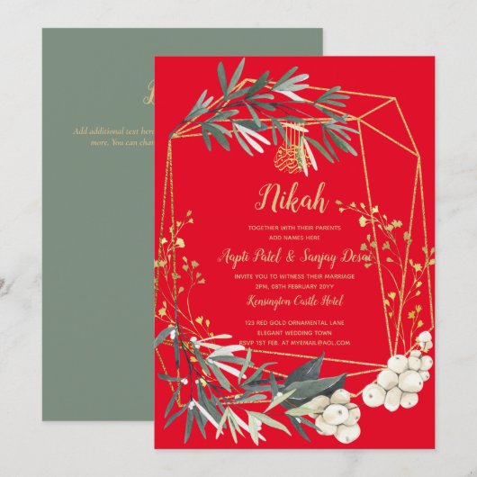 Nikah - Gold Greenery Islamic Motif Wedding Invite Kaart (Voorkant / Achterkant)