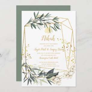 Nikah - Gold Greenery Islamic Motif Wedding Invite Kaart