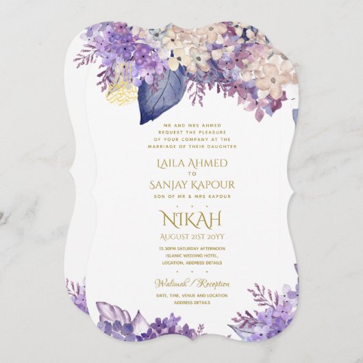 NIKAH Huwelijksuitnodiging - Walimah Paarse Bloemm Kaart (Voorkant / Achterkant)