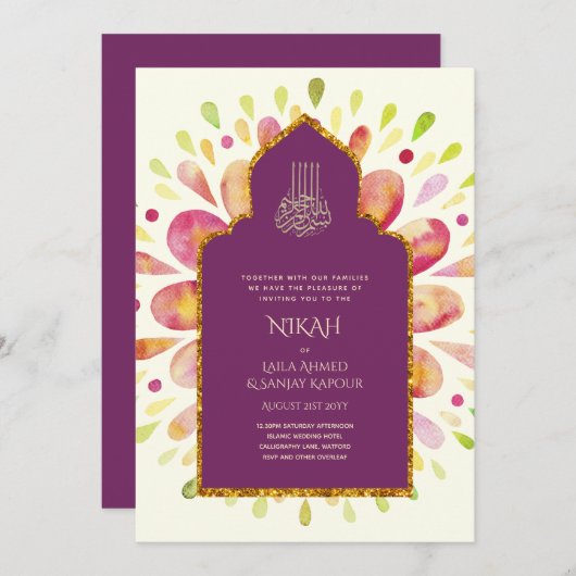 NIKAH - Modern Mandala Berry Gold Wedding Invitati Kaart (Voorkant / Achterkant)