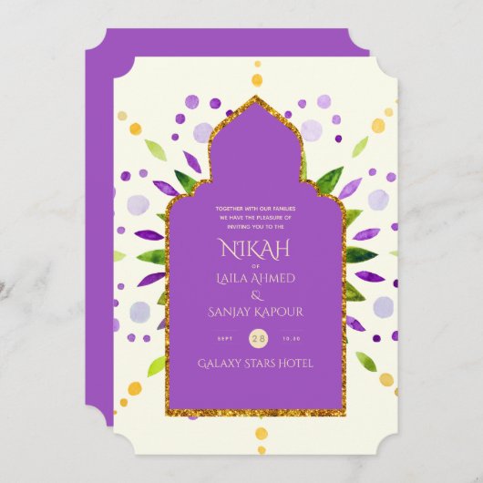 NIKAH - Modern Mandala Paars Gold Wedding Invitat Kaart (Voorkant / Achterkant)