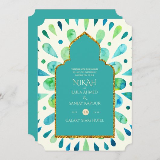 NIKAH - Modern Mandala Turquoise Gold Wedding Kaart (Voorkant / Achterkant)