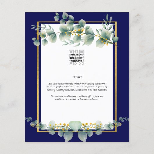 NIKAH NAVY BLUE GOLD Greenery Eucalyptus Wedding Flyer (Achterkant)