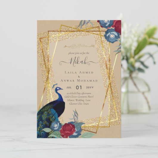 NIKAH Peacock Floral Gold Lijst Islamic Wedding Kaart (Staand voorkant)