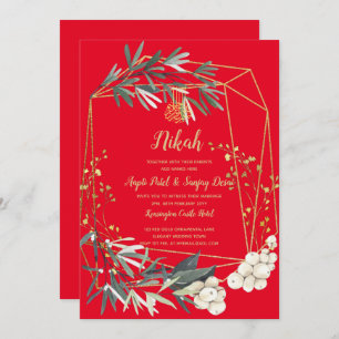 Nikah Red Gold Greenery Islamic Wedding Invite Kaart