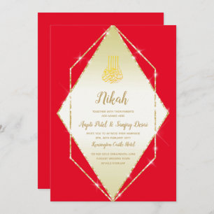 Nikah Red Gold Islamic Motif Wedding Invite Kaart