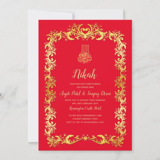 Nikah Red Gold Islamic Motif Wedding Invite Kaart (Voorkant)