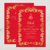 Nikah Red Gold Islamic Motif Wedding Invite Kaart (Voorkant / Achterkant)