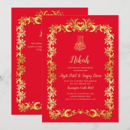 Nikah Red Gold Islamic Motif Wedding Invite Kaart