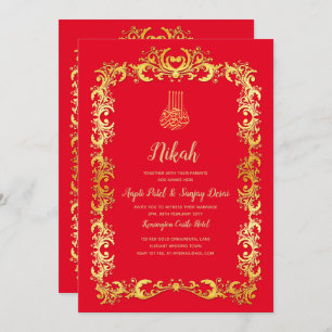 Nikah Red Gold Islamic Motif Wedding Invite Kaart