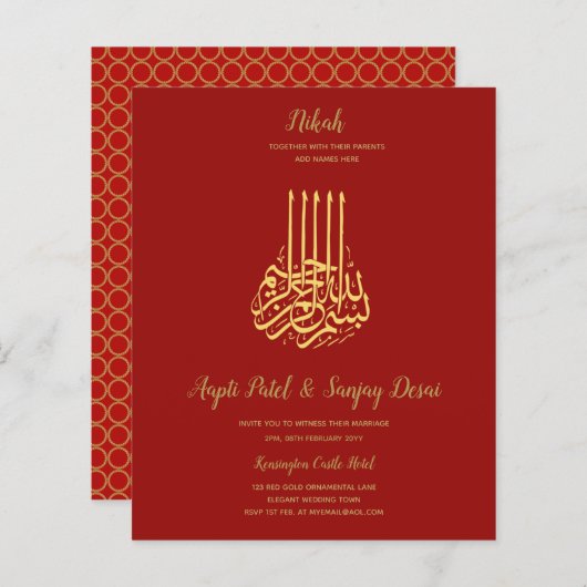 Nikah - Red Gold Islamic Motif Wedding Invites (Voorkant / Achterkant)