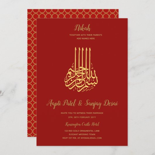 Nikah - Red Gold Islamic Motif Wedding Invites Kaart (Voorkant / Achterkant)