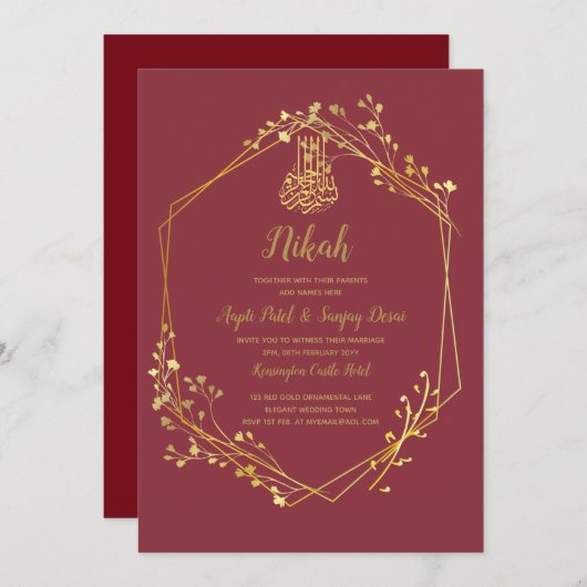 Nikah - Red Gold Islamic Motif Wedding Invites Kaart (Voorkant / Achterkant)