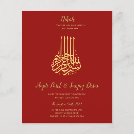 Nikah - Red Gold Islamitische Motief Trouwkaarten Flyer (Voorkant)