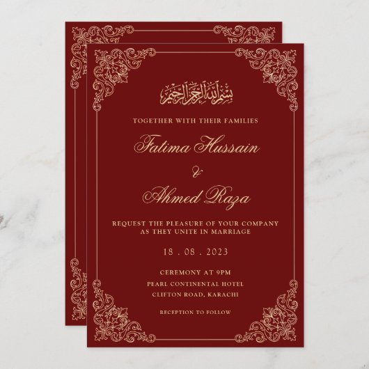 Nikah rood goud islamitische moslim bruiloft kaart (Voorkant / Achterkant)