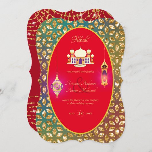 NIKAH - Sierlijke moskee rood gouden trouwuitnodig Kaart (Voorkant / Achterkant)