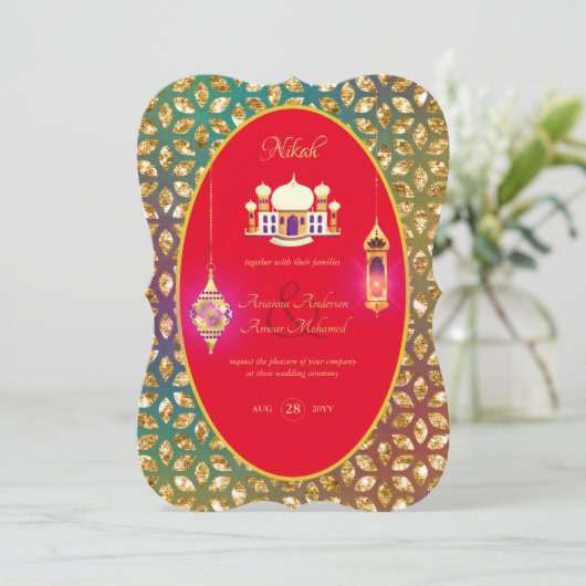 NIKAH - Sierlijke moskee rood gouden trouwuitnodig Kaart (Staand voorkant)