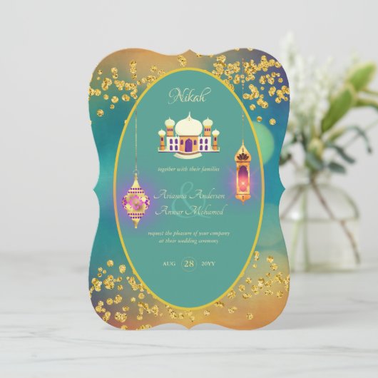 NIKAH - Sierlijke moskee turquoise gouden trouwuit Kaart (Staand voorkant)