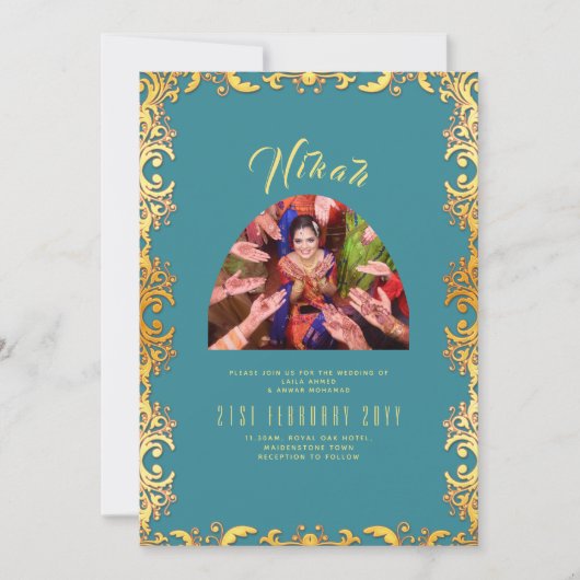 NIKAH Teal Goud FOTO Islamitische Trouwuitnodiging Kaart (Voorkant)