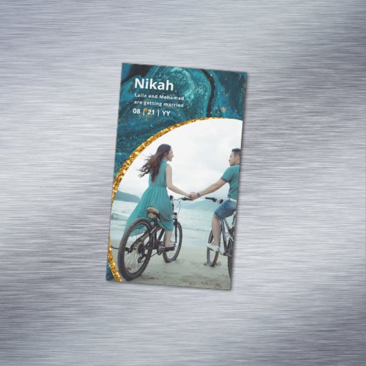 NIKAH - Trouwbudget Agate Goud Teal FOTO Magnetisch Visitekaartje (Voorbeeld)