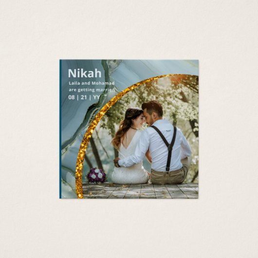 NIKAH - Trouwbudget Agate Goud Turkoois FOTO Vierkante Visitekaartjes (Voorkant)