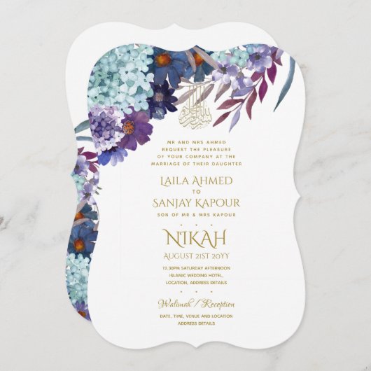 NIKAH Trouwuitnodiging - Walimah Paarse Bloemen Go Kaart (Voorkant / Achterkant)