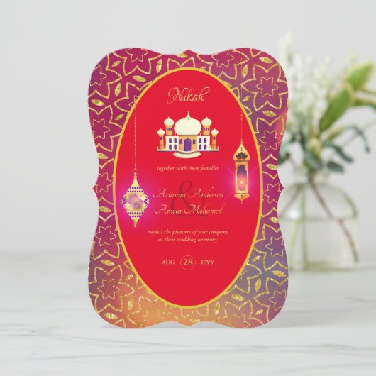 NIKAH - Uitnodiging tot  Moskee Red Gold Wedding (Staand voorkant)