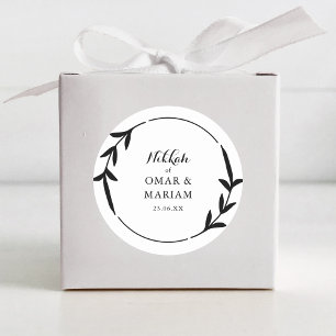 Nikkah Elegant Black & White Leaf Wreathe Border Ronde Sticker