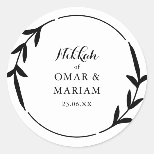 Nikkah Elegant Black & White Leaf Wreathe Border Ronde Sticker (Voorkant)
