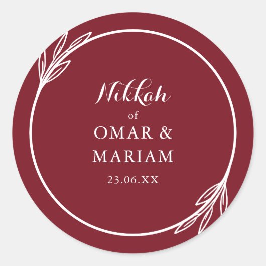 Nikkah Elegant Bourgogne Botanische Quote Ronde Sticker (Voorkant)