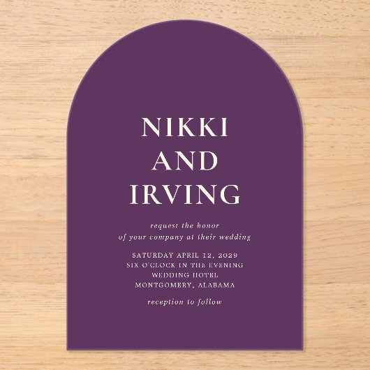 Nikki Paarse bruiloft Acryl Uitnodigingen (Voorkant)