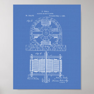 Nikola Tesla 1888 Patent Art - Blauwdruk Poster