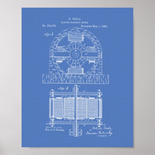 Nikola Tesla 1888 Patent Art - Blauwdruk Poster (Voorkant)